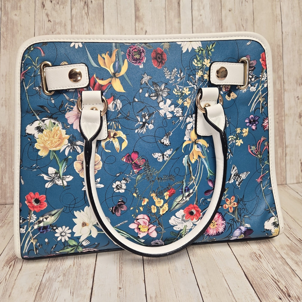 Dasein Floral Satchel Crossbody Bag Blue White Gold Hardware - Picture 4 of 14